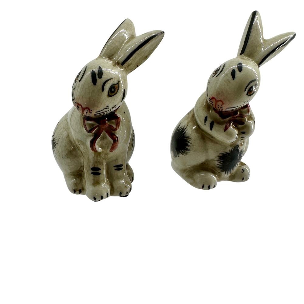 Vintage Ceramic Bunny Rabbit Figurines Pair Easter Spring Decor MCM Cottagecore